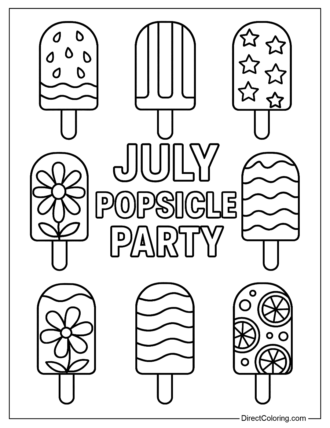 A coloring page of many popsicles with summer patterns and the words 
